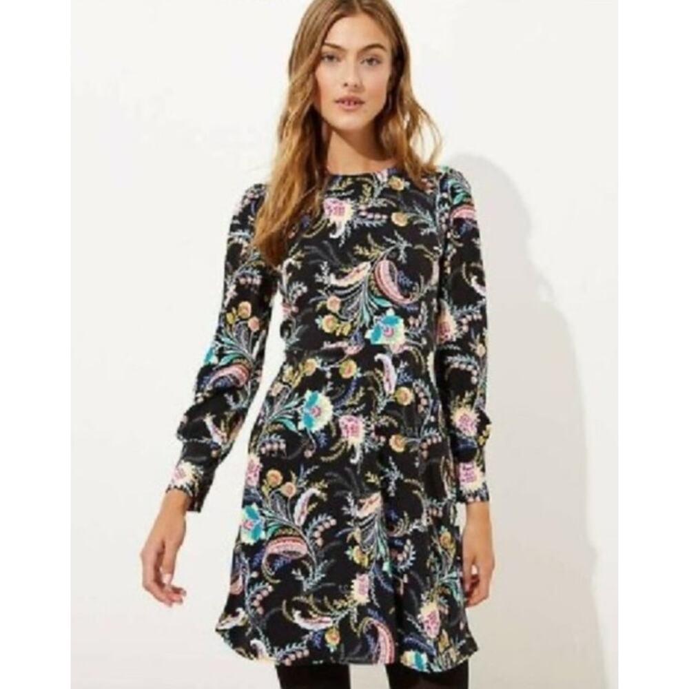 LOFT Black Floral Paisley Long Sleeve A-Line Dress